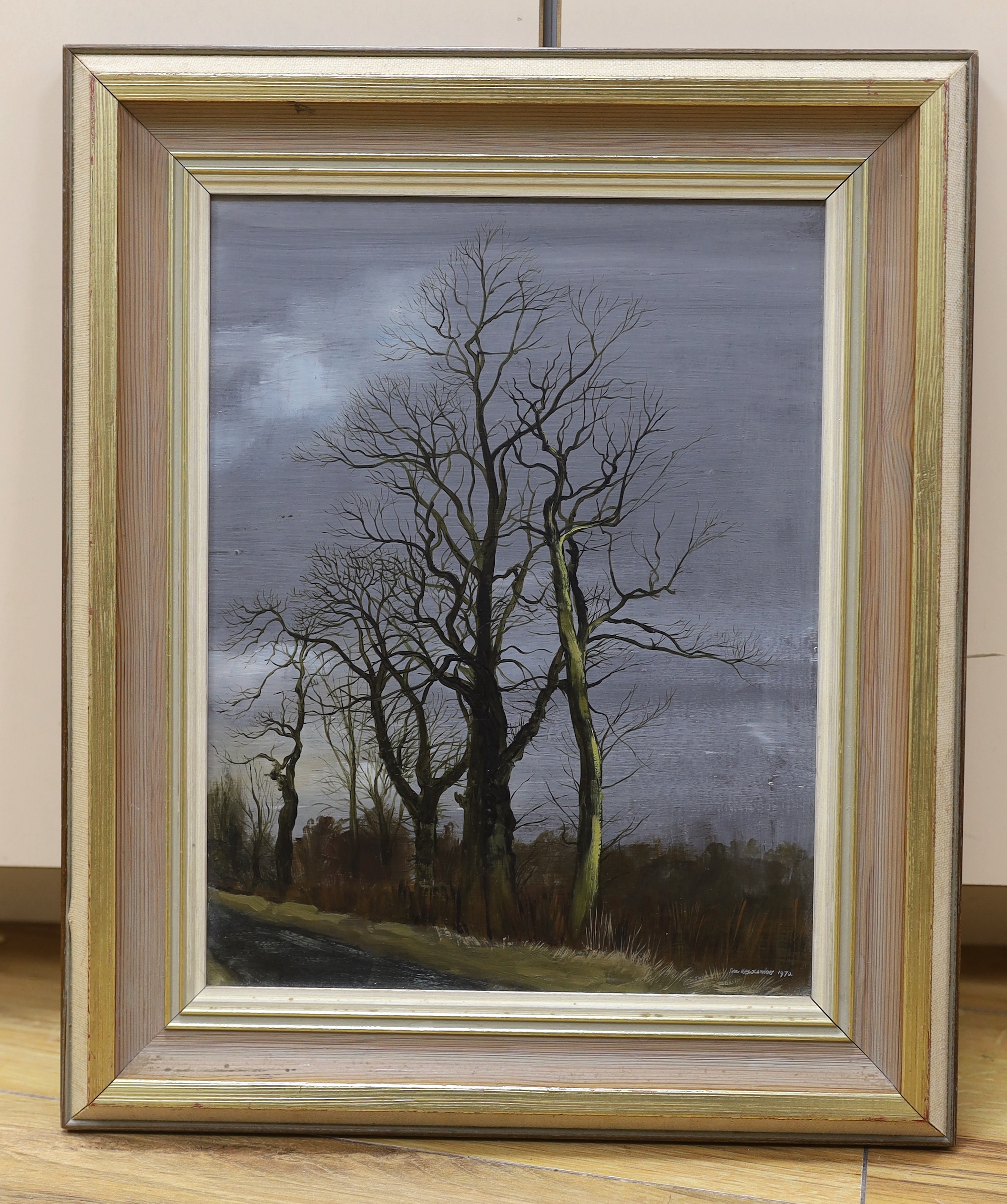 Peter Newcombe, oil on board, Study of trees on the roadside, signed and dated 1970, 28 x 21.5 cm